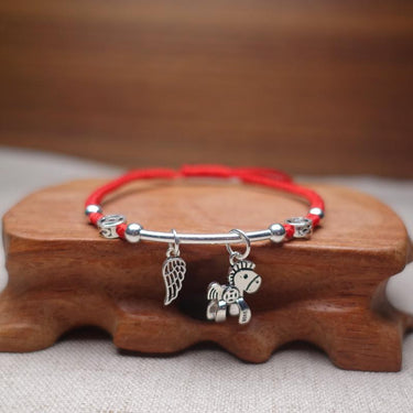 Sterling Silver WIND HORSE Red Rope Bracelet